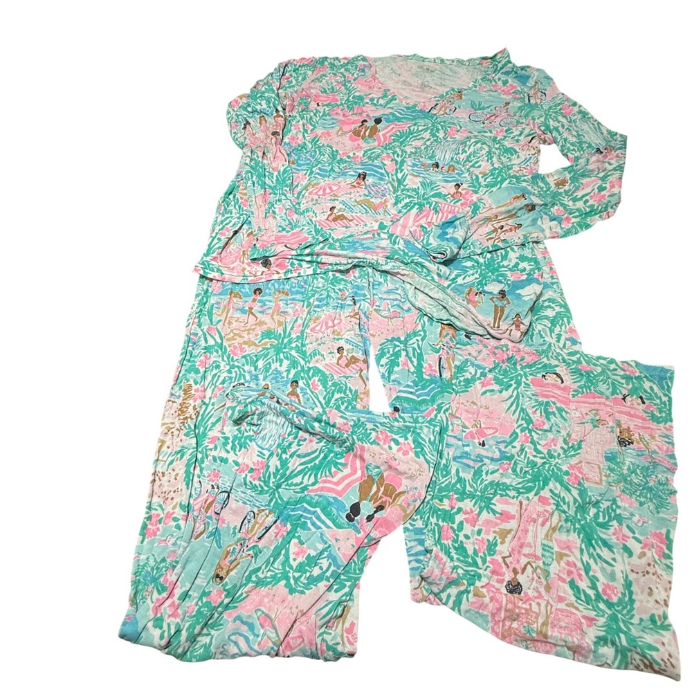 Lilly Pulitzer Pajama Set Medium Tropical Beach Print Pink Aqua 2pc Loungewear